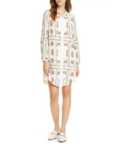 knee length dresses for ladies Tory Burch Printed Tie Waist Dress Painted Geo Midi Silk Long Sleeve