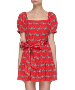 Alice + Olivia Collette Zebra-Print Square-Neck Puff-Sleeve Dress