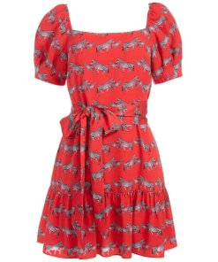 Alice + Olivia Collette Zebra-Print Square-Neck Puff-Sleeve Dress