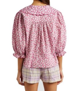 Rixo Carly Faded Floral Print Scalloped Blouse