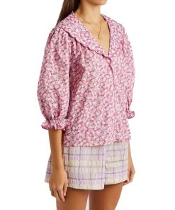 Rixo Carly Faded Floral Print Scalloped Blouse