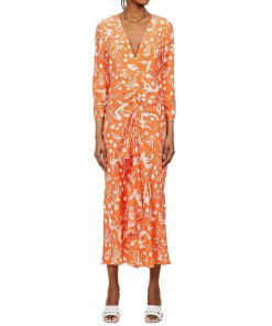 Rixo Rose Sea Life Print Silk Midi Dress
