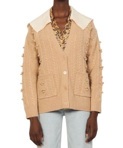 Sandro Ingrid Contrast-Collar Pom-Pom Wool Cardigan