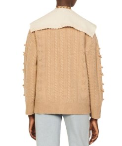 Sandro Ingrid Contrast-Collar Pom-Pom Wool Cardigan