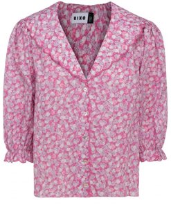 Rixo Carly Faded Floral Print Scalloped Blouse