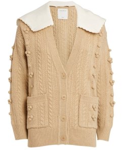 Sandro Ingrid Contrast-Collar Pom-Pom Wool Cardigan