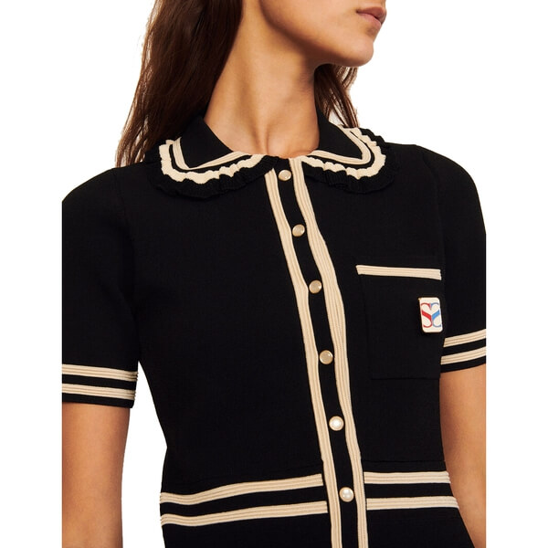 Sandro Flavia Short-Sleeve Contrast-Trim Dress  evaChic