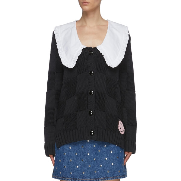 Ganni Oversized Collar Smiley Intarsia Cotton Robe Cardigan
