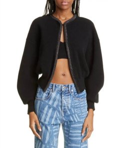Alexander Wang Crop Crystal Placket Wool Cardigan