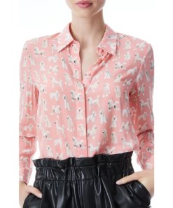 Alice + Olivia Willa Dog Print Long Sleeve Silk Blouse