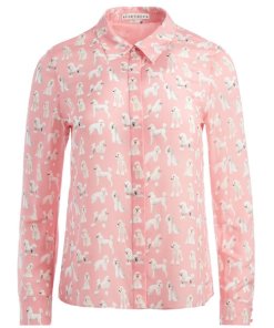 Alice + Olivia Willa Dog Print Long Sleeve Silk Blouse