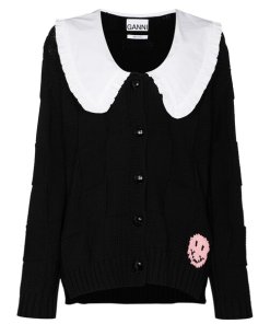 Ganni Oversized Collar Smiley Intarsia Cotton Robe Cardigan
