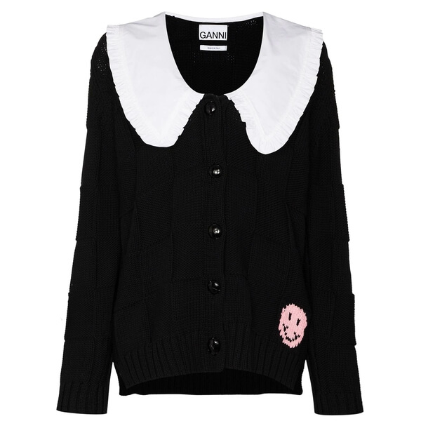 Ganni Oversized Collar Smiley Intarsia Cotton Robe Cardigan