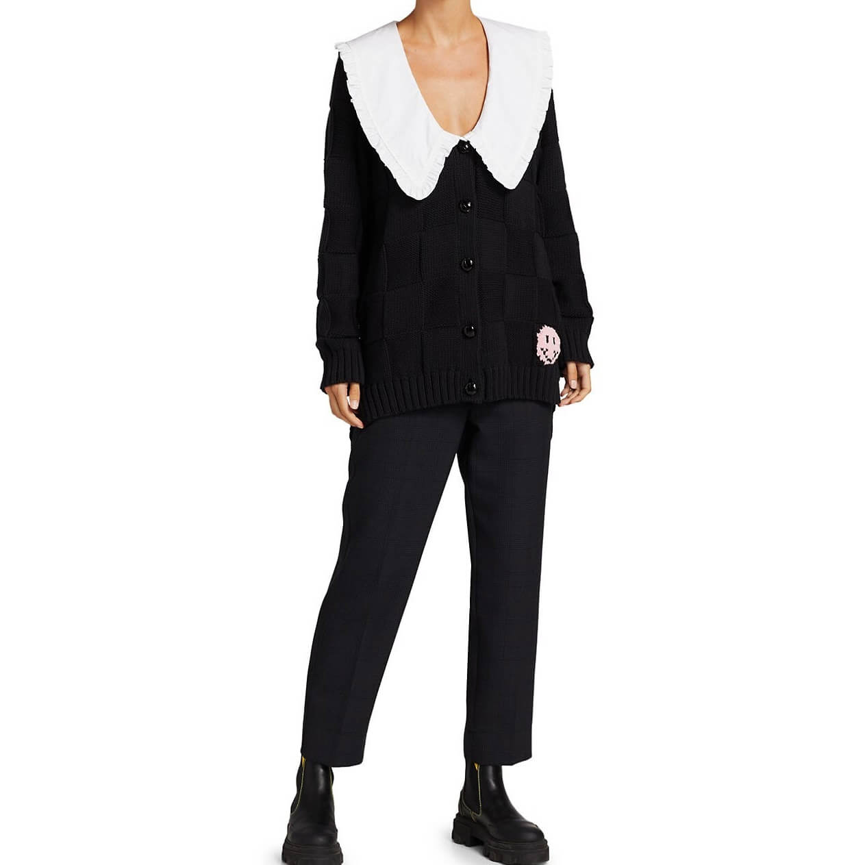 Ganni Oversized Collar Smiley Intarsia Cotton Robe Cardigan
