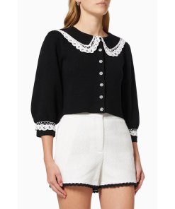 Maje Mirandal Lace-Trim Collared Cardigan