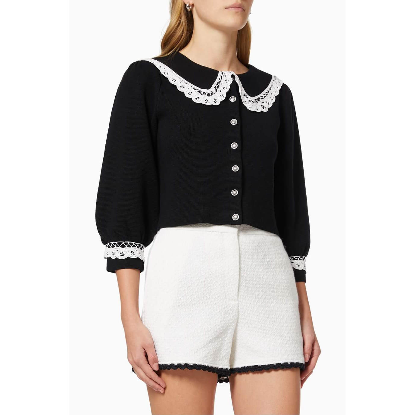 Maje Mirandal Lace-Trim Collared Cardigan