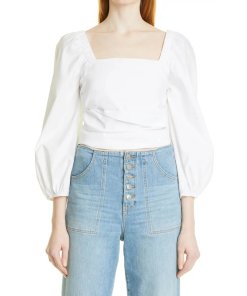 Veronica Beard Kayla Puff-Sleeve Square-Neck Cotton-Blend Top