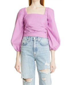 Veronica Beard Kayla Puff-Sleeve Square-Neck Cotton-Blend Top