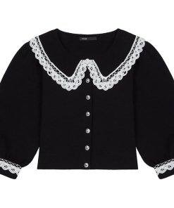 Maje Mirandal Lace-Trim Collared Cardigan