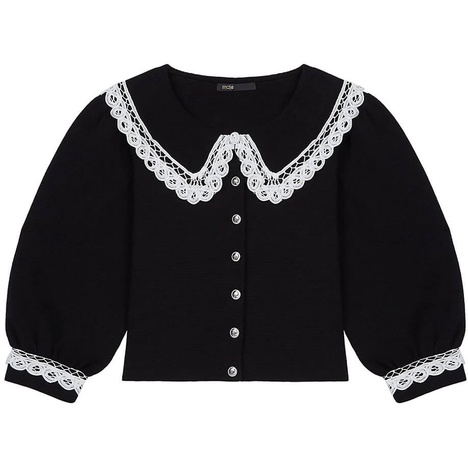 Maje Mirandal Lace-Trim Collared Cardigan