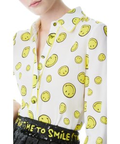Alice + Olivia x Smiley Willa Face Print Silk Blouse