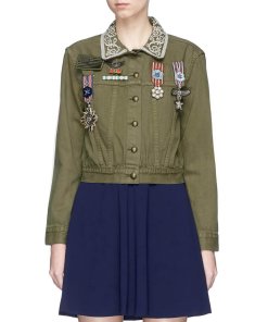 Alice + Olivia Chloe Embroidered Cropped Army Jacket