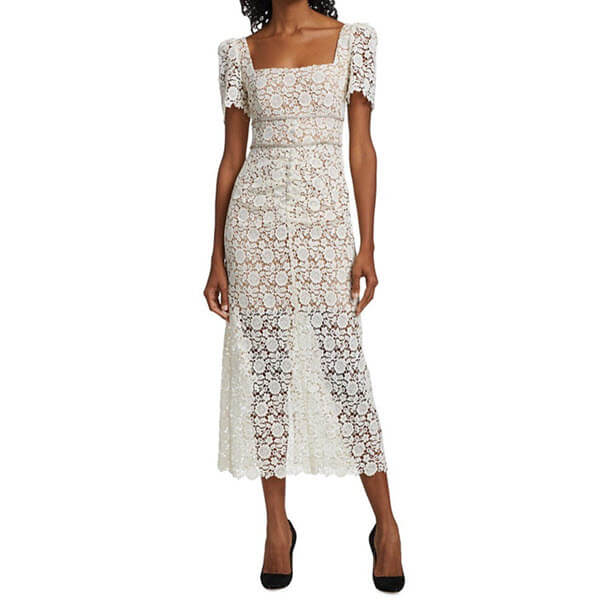 knee length dresses for ladies Vérane pink guipure-lace midi dress