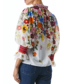 Alice + Olivia Ilan Smocked Gathered Floral Print Blouse