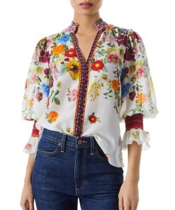 Alice + Olivia Ilan Smocked Gathered Floral Print Blouse