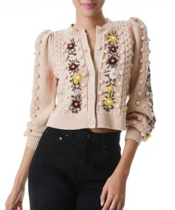 Alice + Olivia Kitty Puff-Sleeve Embroidered Cardigan