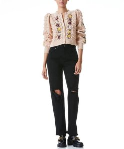 Alice + Olivia Kitty Puff-Sleeve Embroidered Cardigan