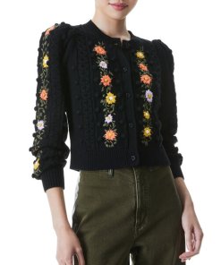 Alice + Olivia Kitty Puff-Sleeve Embroidered Cardigan