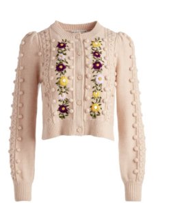 Alice + Olivia Kitty Puff-Sleeve Embroidered Cardigan