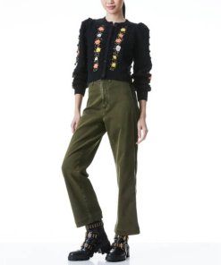 Alice + Olivia Kitty Puff-Sleeve Embroidered Cardigan