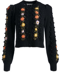 Alice + Olivia Kitty Puff-Sleeve Embroidered Cardigan