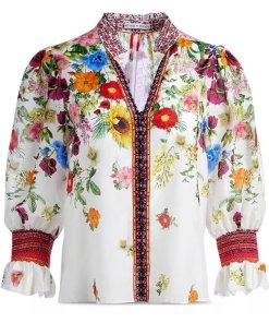 Alice + Olivia Ilan Smocked Gathered Floral Print Blouse