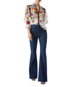 Alice + Olivia Ilan Smocked Gathered Floral Print Blouse