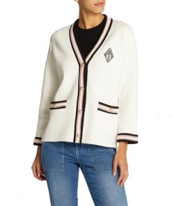 Maje Maison Embroidered Patch Contrast Trim Cotton-Blend Cardigan