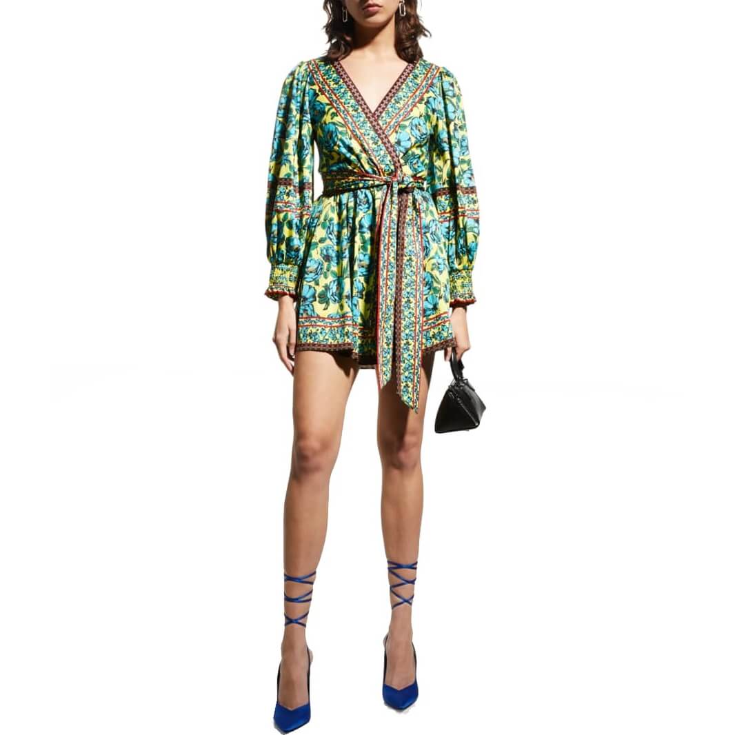 knee length dresses for ladies Simona Long Sleeve Embroidered Front Tie Mini Dress - Stella Marina Print