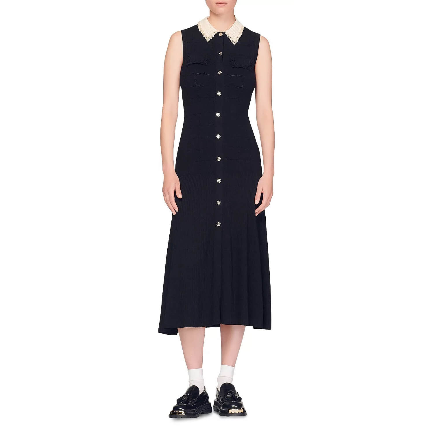 Sandro Precieuse Crochet-Collar Knitted Midi Dress