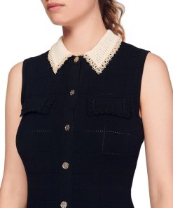 Sandro Precieuse Crochet-Collar Knitted Midi Dress