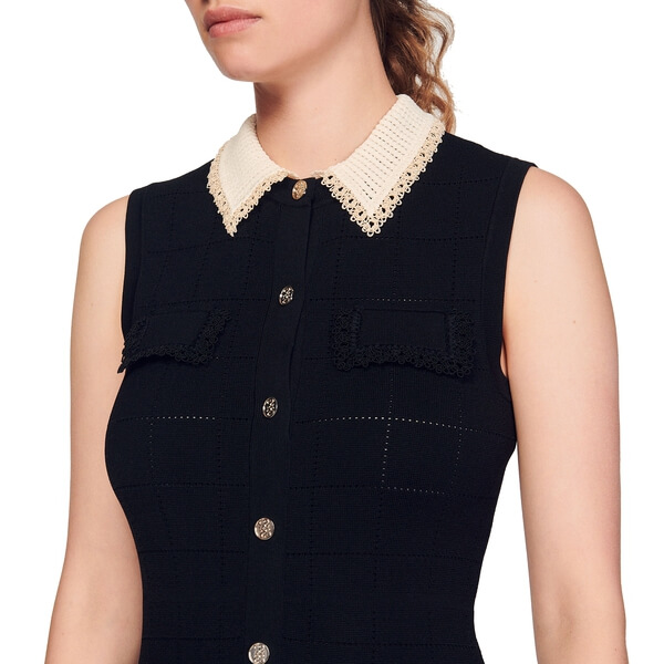 Sandro Precieuse Crochet-Collar Knitted Midi Dress