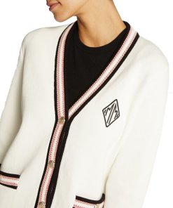 Maje Maison Embroidered Patch Contrast Trim Cotton-Blend Cardigan