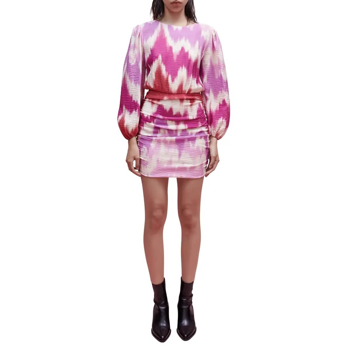 Maje Ritie Tie-Dye Long-Sleeve Blouson Mini Dress
