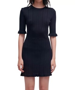 Maje Rochasse Ruffle-Trim Ribbed Knit Mini Dress
