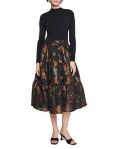 Ted Baker Audria Mixed Media Long-Sleeve Tiered Dress
