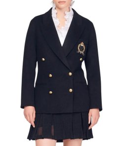 Sandro Navie Chest Patch Wool-Blend Double-Breasted Blazer