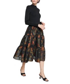 Ted Baker Audria Mixed Media Long-Sleeve Tiered Dress