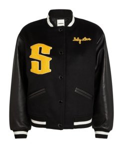 Sandro Flocked-Logo Wool-Blend & Leather Bomber Jacket