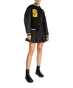 Sandro Flocked-Logo Wool-Blend & Leather Bomber Jacket